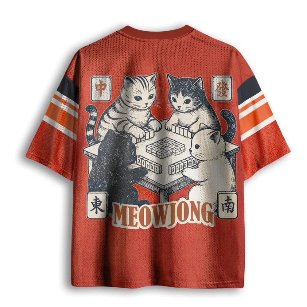 Vintage Cats Mahjong Printed Mesh Jersey, Retro Kitten Playing Mahjong V Neck Short Sleeve Casual Sport Shirt