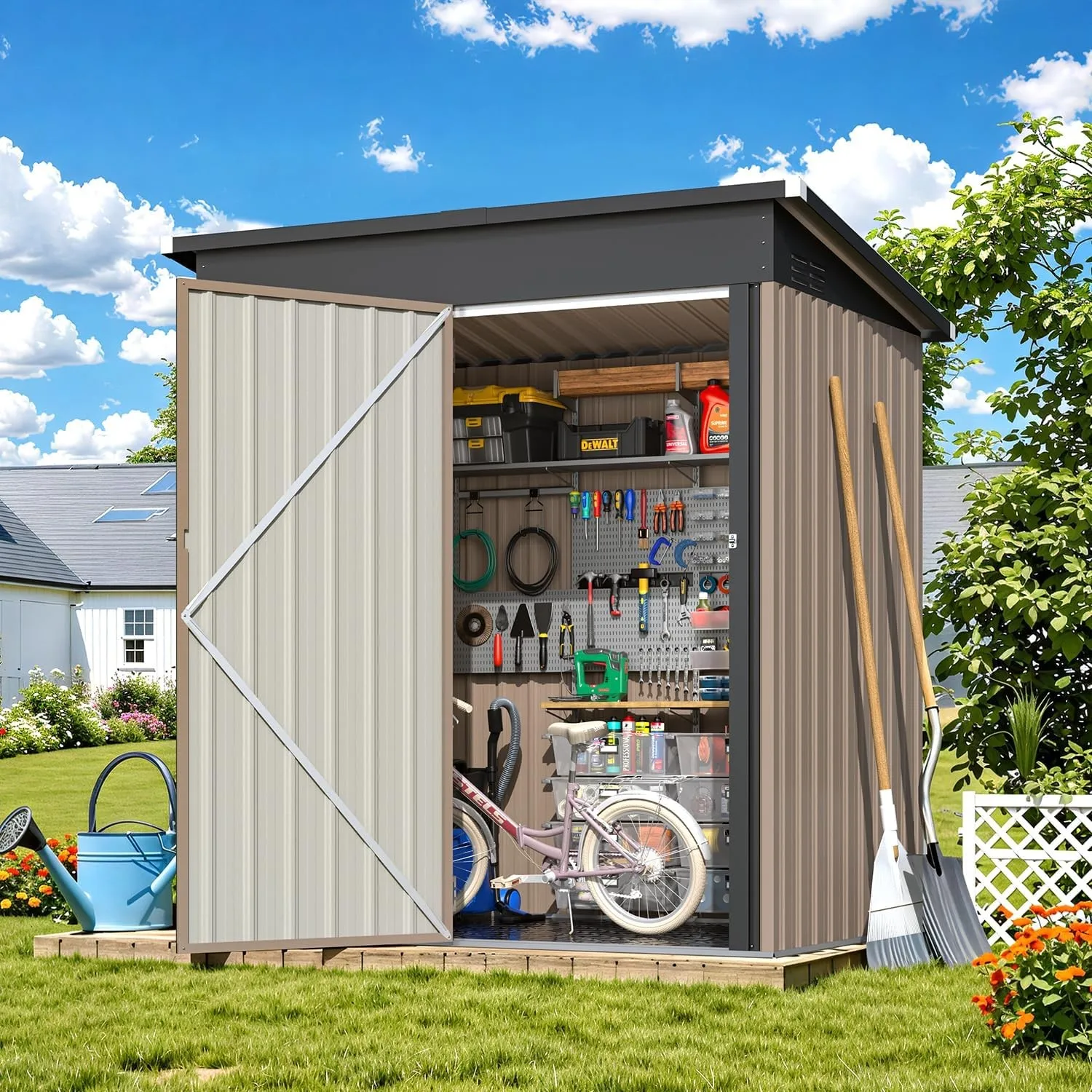 Outdoor Storage Shed with Floor Base, Small Metal Garden Tiny Utility Shed