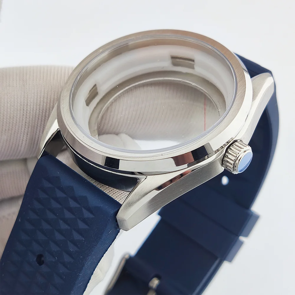 Custodia da 39 mm Custodia NH35 Custodia impermeabile in vetro zaffiro piatto Custodia con cinturino in caucciù Custodia da uomo di lusso adatta per custodia da 31 mm Custodia per orologio NH35