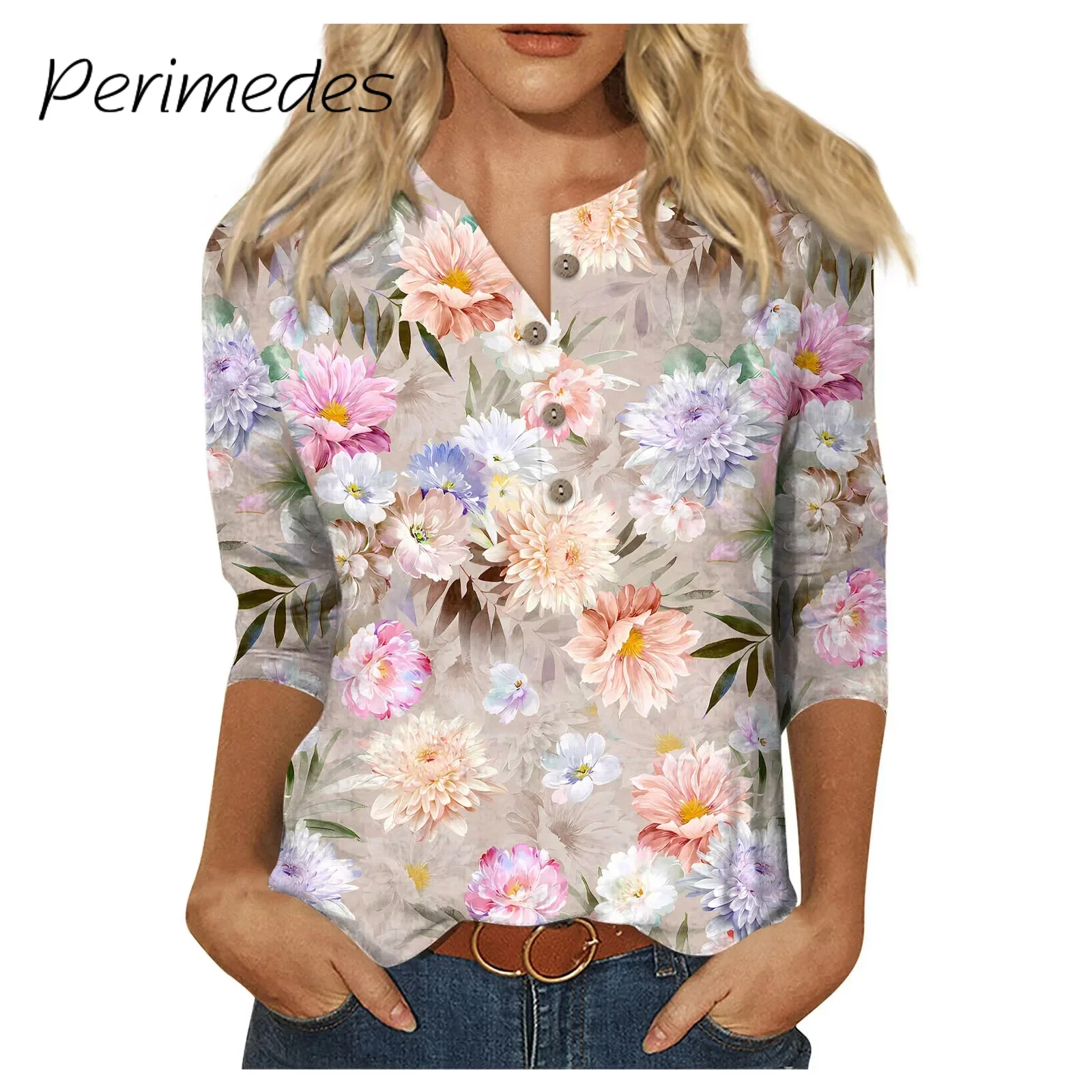 

Camisetas Tees For Ladies Floral Printed Three Quarter Sleeve Top Casual Daily Button Collar Breathable Tee Shirt 2024 Summer