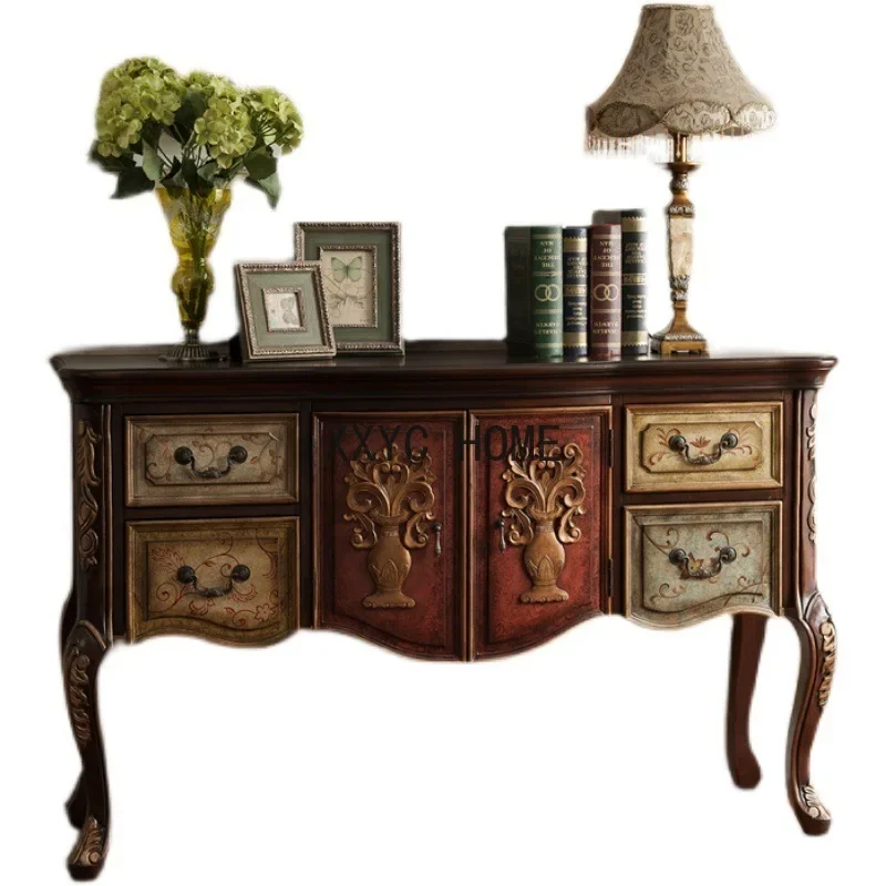 

Wall Cabinet Four Buckets Double Door Storage Sideboard Cabinet Carved Solid Wood Bottle Hall Cabinet