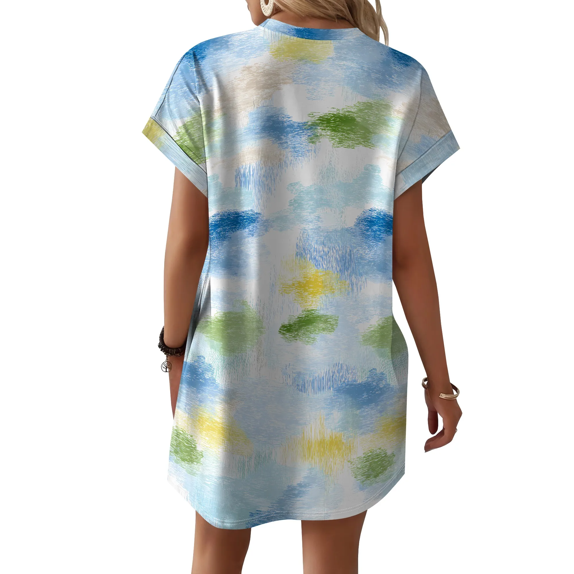 Abstract Watercolor Print T-Shirt Dress, Blue Green Yellow Loose Fit Shift Dress, Short Sleeve Pocket Summer Beach Dress, XS-3XL