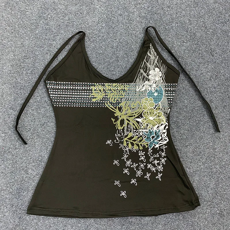 الصيف خمر القوطية مثير E-girl سليم الدبابات شخصية زهرة طباعة هوتي معلقة الرقبة أعلى اليابانية 2000s سترة المرأة السوداء