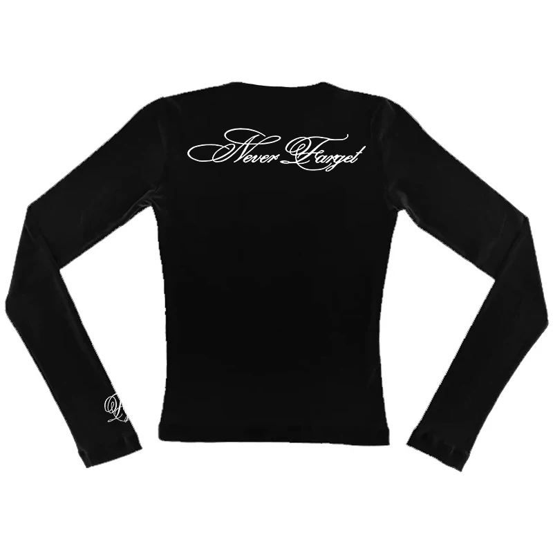 Damska koszulka z długim rękawem w stylu goth punk retro hip hop z nadrukiem liter, dopasowany krój, krótki top, ubrania w stylu emo streetwear z lat 2000. i Y2K.