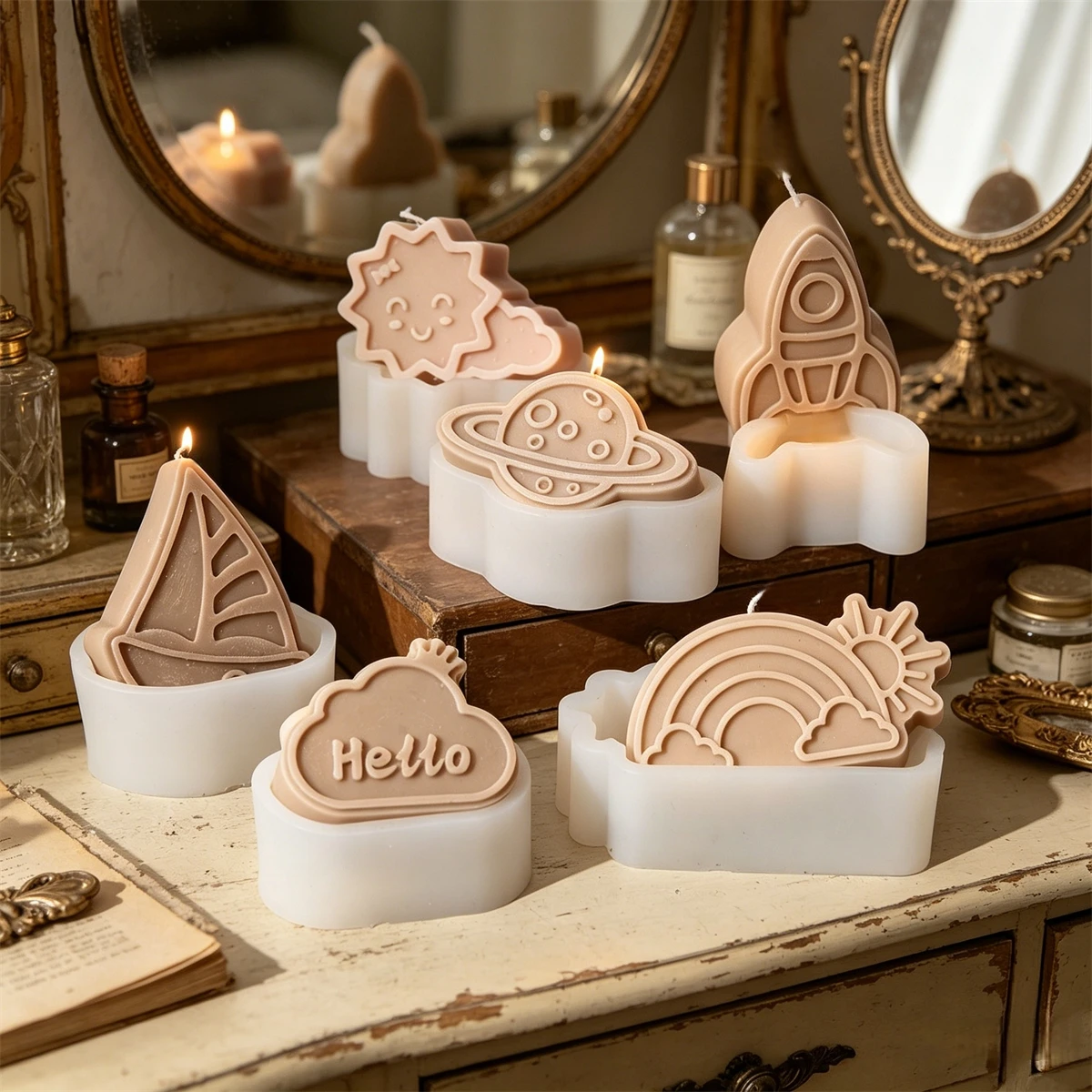 Cartoon Space Candle Silicone Mold 3D Rocket Planet Rainbow Sun Cloud Soap Mold for Soy Candle Making, Resin Soap Plaster