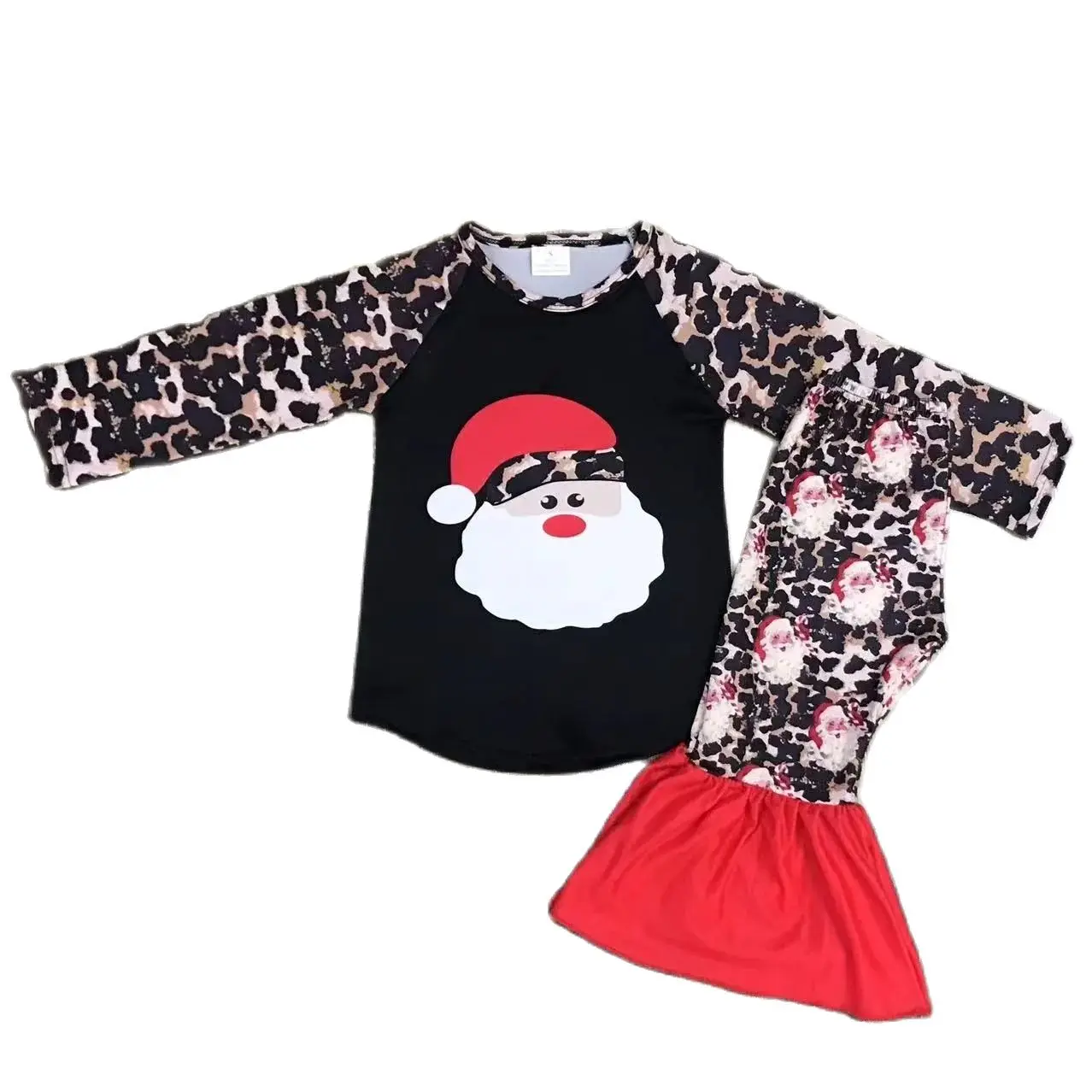 Desenhos animados de renda de Papai Noel feminino, calças e top compridos, roupas infantis, preto, 0-16 anos, outono