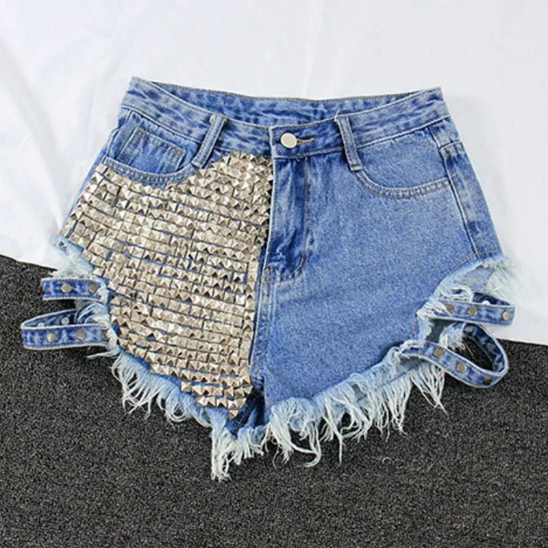 

2024 Women's Rivet Ripped High Waisted Short Jeans Female Fashion Brand Vintage Tassel Punk Sexy Woman Denim Hot Shorts Casual