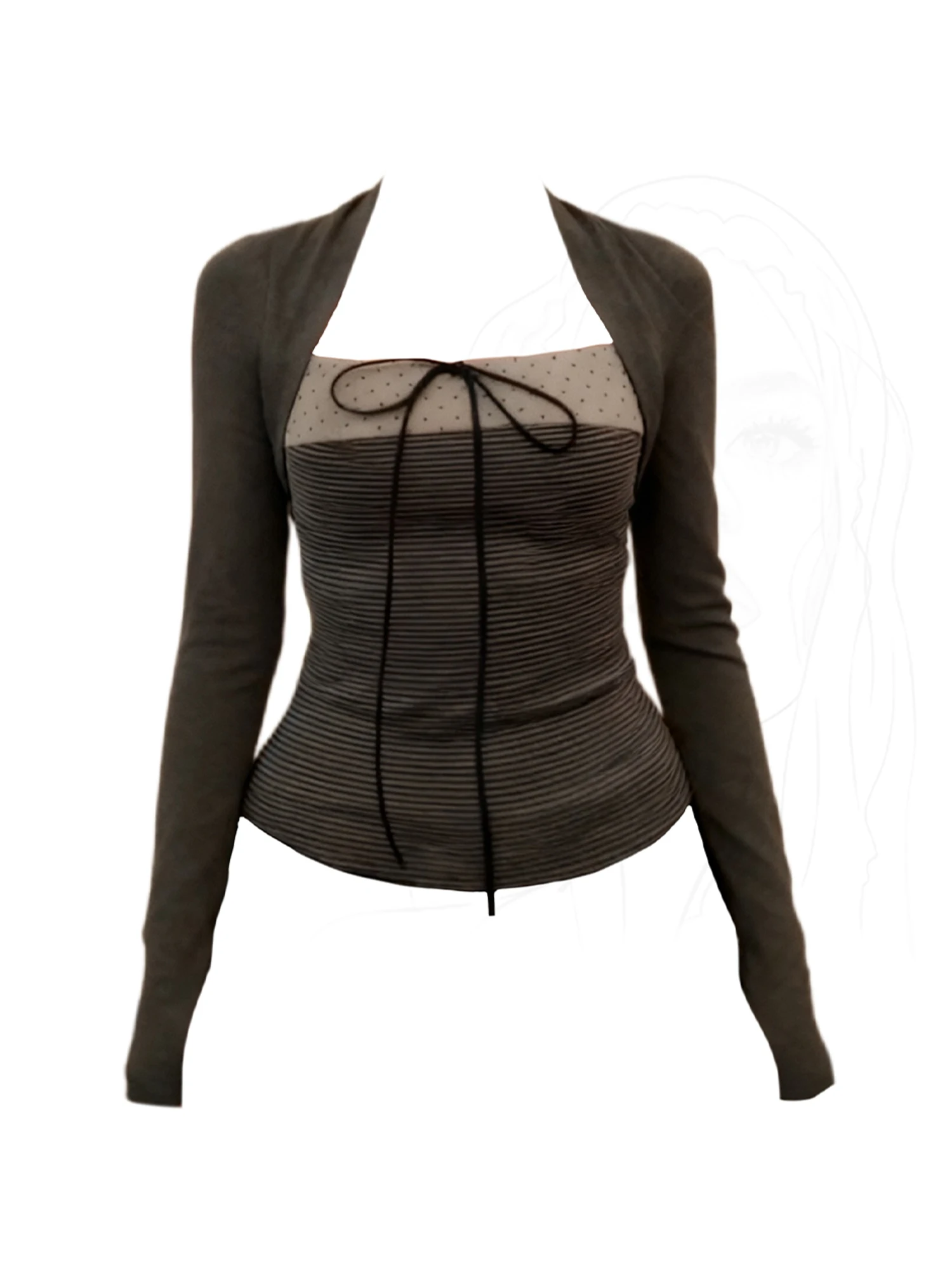 Women Grey 2000s T-shirt Lace Crop Top 2 Piece Sets Y2k Gyaru Tee Top Vintage Fashion Long Sleeve T-shirts Clothes Spring Autumn