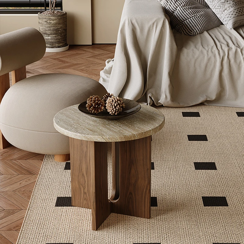 Nordic Solid Wood Coffee Tables Bedroom Bedside Side Modern Living Room Furniture Creative Travertine Round Corner Table