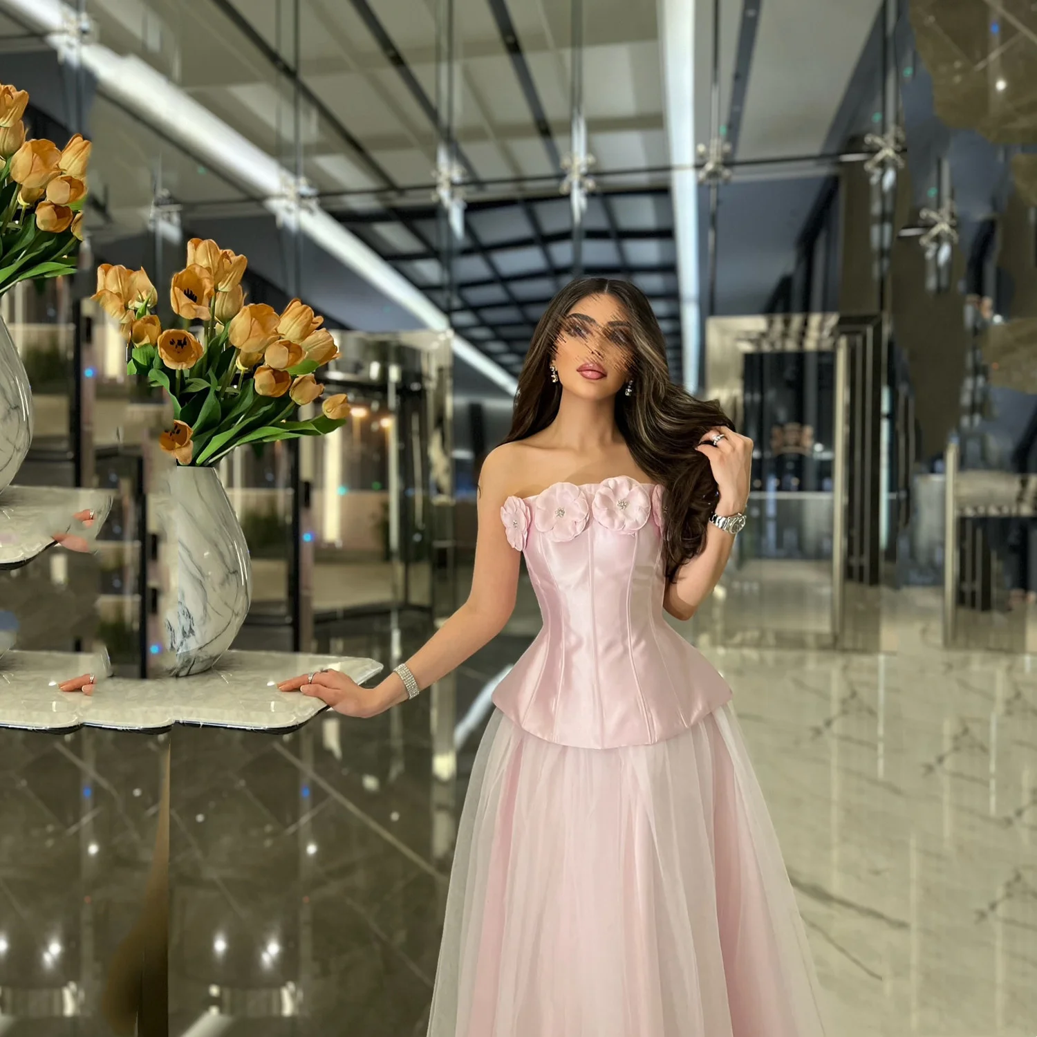 

Aileen 3D Flowers Elegant Party Dresses 2025 Customized Women Evening Dress Pink Wedding Dresses for Parties Robes of Soirée