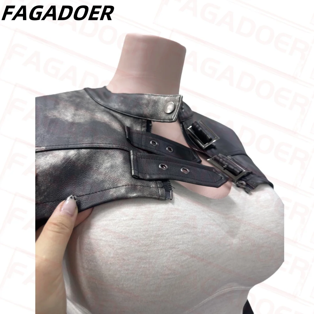 FAGADOER Punk Gothic Leather Two Piece Set for Women Long Sleeves Crop Jacket + Pleated Skirt Suits Fashion Streetwear 2025 New