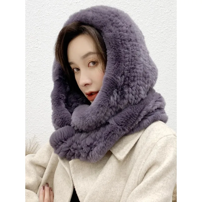 Thickened fur hat, scarf, integrated Rex rabbit hair woven snow hat, ear protectors to keep women warm