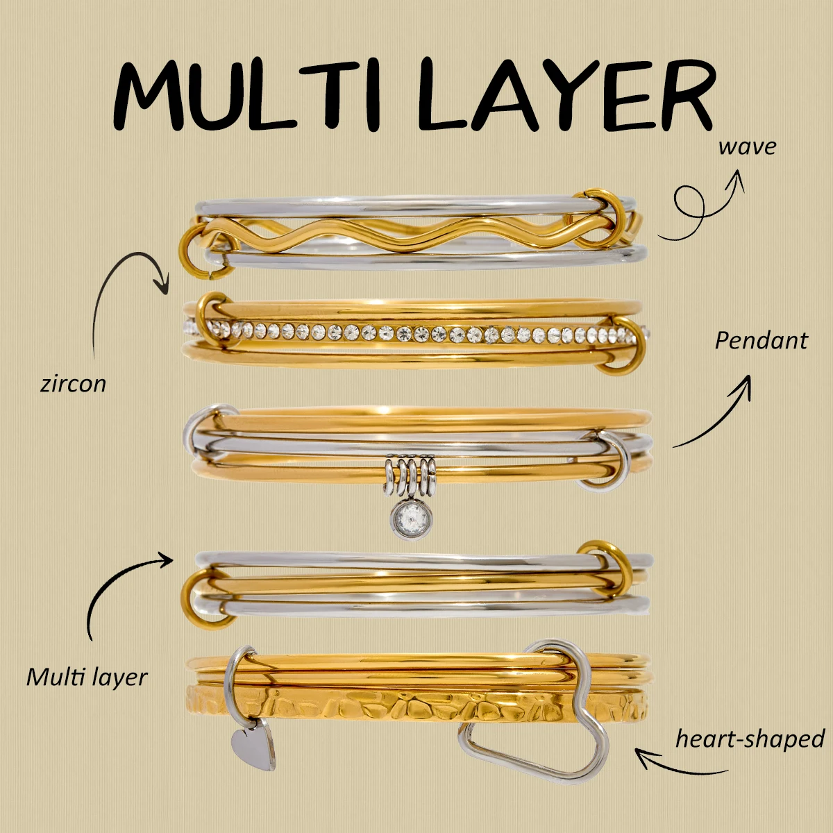 

AIKOER Minimalist 18K Gold Color Plated Stainless Steel Double Color Ring Wave Bracelet Hollow Heart Bracelet Women's Jewelry