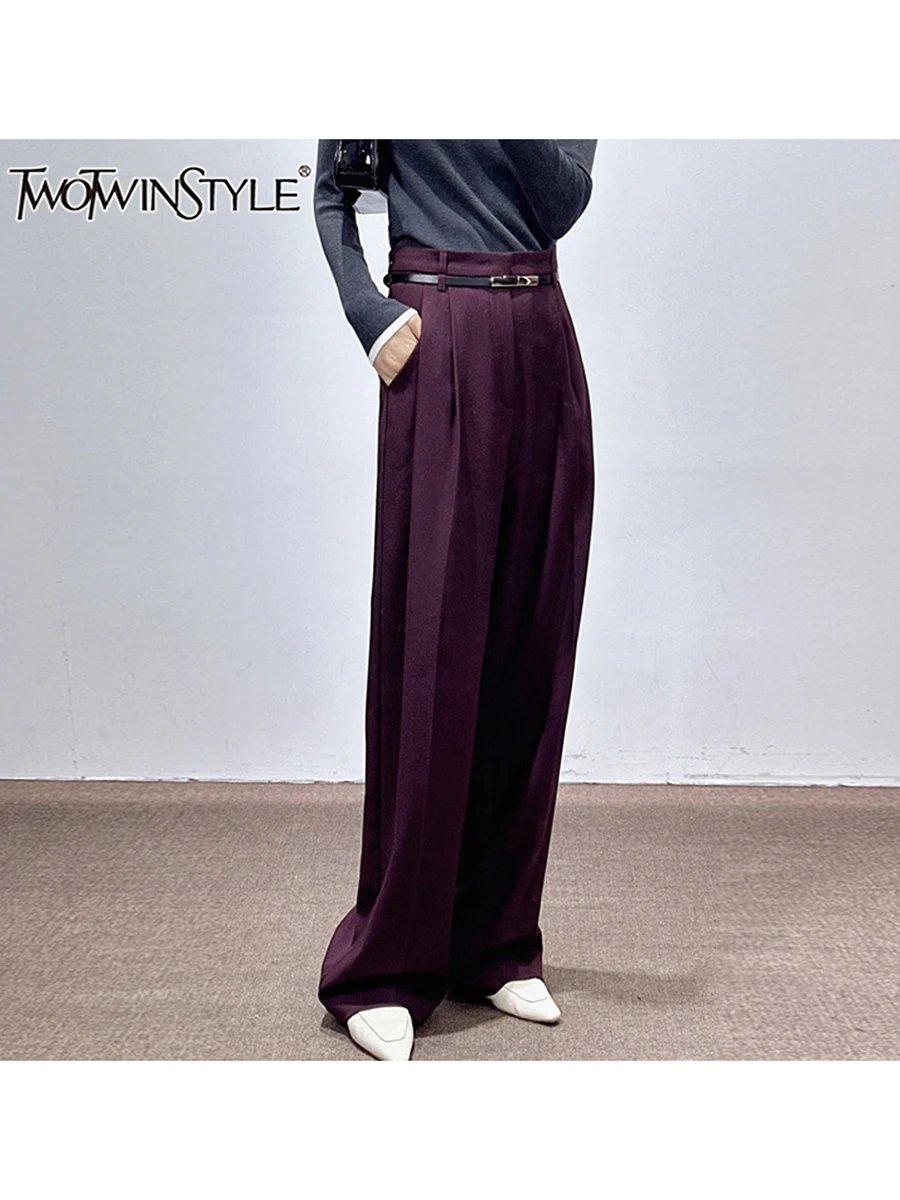 TWOTWINSTYLE Solid Patchwork Belt Casual Trousers For Women High Waist Wide Leg Temperament Long Pants Female Fashion New Autumn