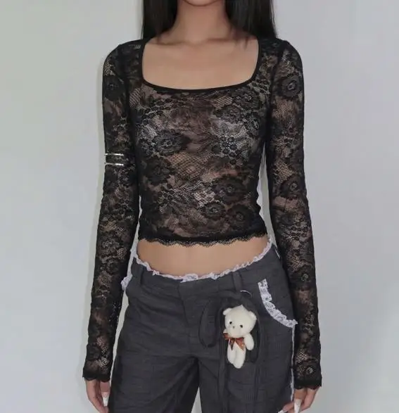 

Women's Winter Slimming Lace Top Long Sleeve Fashion Sexy Spicy Girl Perspective Design New 2025