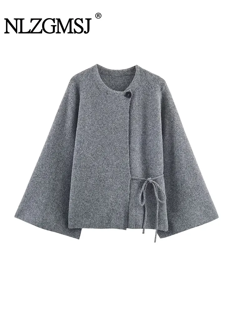 

NLZGMSJ Vintage Chic Women Tie Up Sweater Coat Solid Long Sleeve O-Collar Knitted Fashion 2025 Autumn Winter Sweater