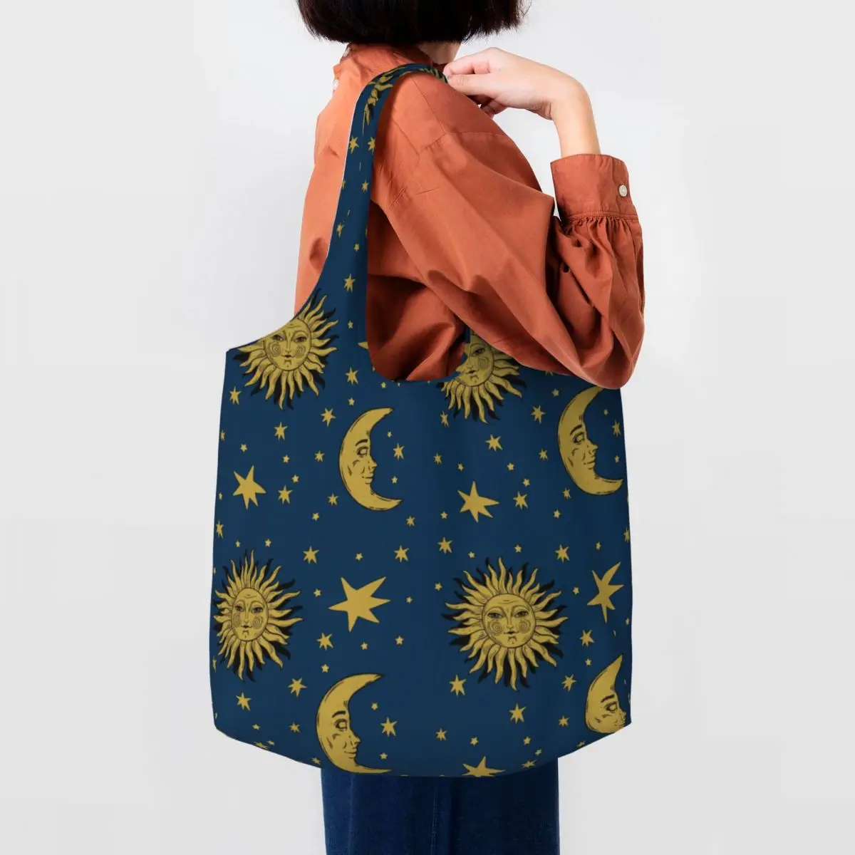 Custom 90s Whimsi Goth Celestial Sun And Moon Pattern Shopping Bag Women Canvas Shoulder Tote Bag Portable Grocery Shopper Bags