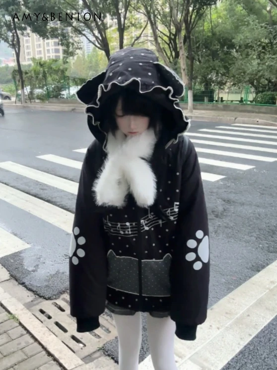 

Original Japanese Cute Cartoon Print Polka Dot Hooded Cat Ear Padded Jacket Autumn Winter Subculture Goth Thickened Cotton Coat