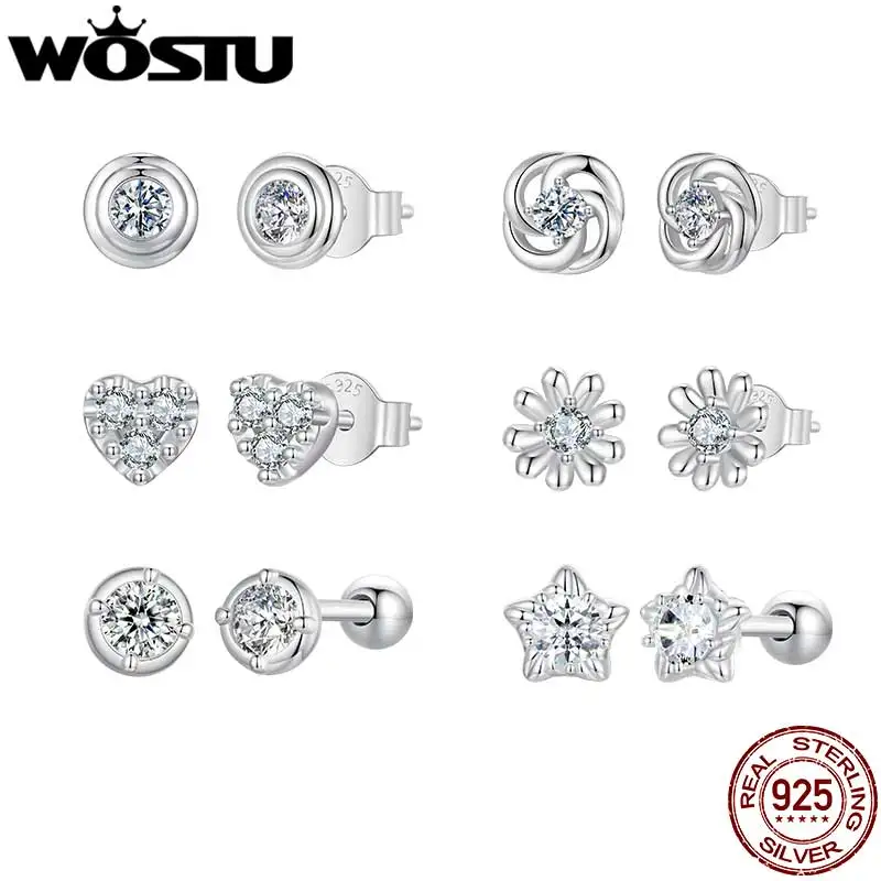 WOSTU Moissanite Mini Daisy Flower Clover Earrings 925 Silver Diamoind Cut Heart Round Wedding Studs Party Gift For Mom Daughter