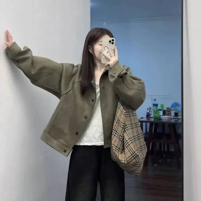 Lente Herfst Dames Motorjas Suède Bovenkleding Amerikaanse Stijl Werkkleding Ontwerp Opstaande Kraag Volledige Mouw Normaal Type