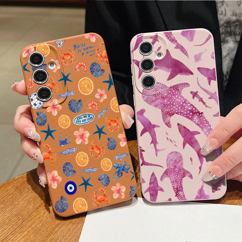 Whale Shrimp Crab Pattern Case For Samsung Galaxy S25 Edge S26 S24 S23 S22 Ultra S26 Plus S25 FE Leather Texture TPU Phone Cover