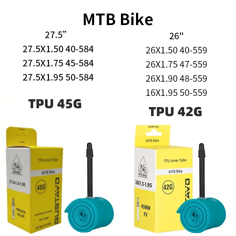 GUSTAVO Ultralight Bike Inner Tube 26 27.5 X1.5-1.95 Inches MTB Bicycle TPU Material Tire 45mm French Valve