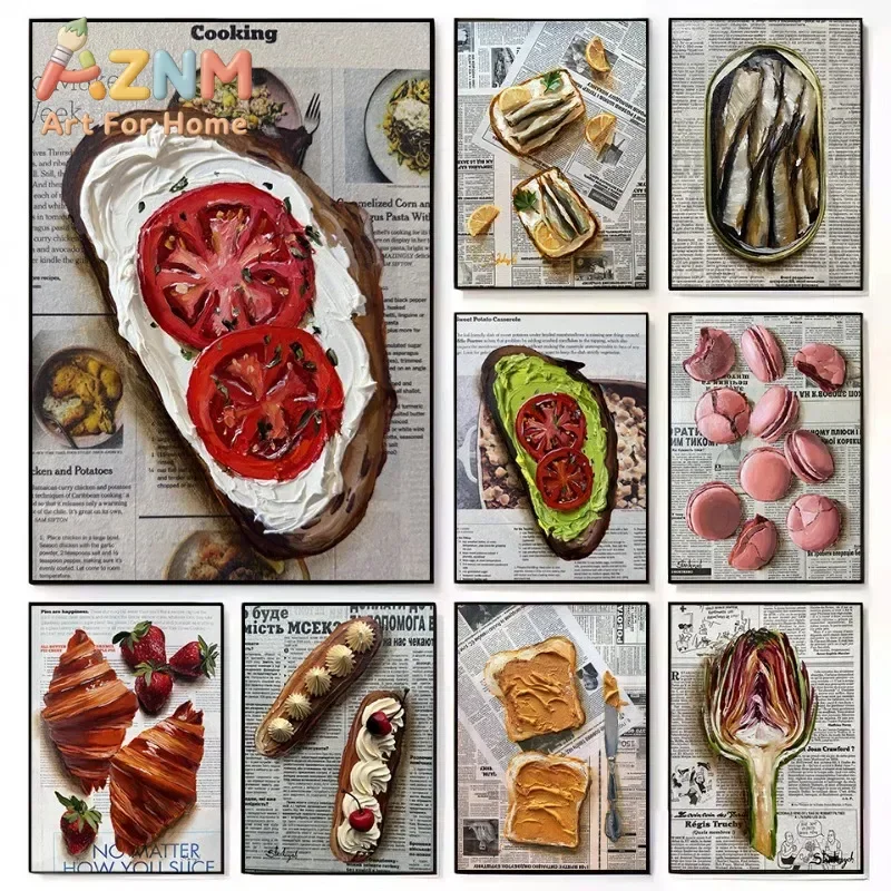 Retro Newspaper Breakfast Kitchen Food Cheese Toast Croissant Aesthetic Poster Canvas Painting Wall Pictures Home Decor