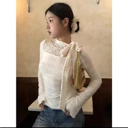 Elegant Lace Sweater Women Autumn French Elegant Slim Bow Tshirts Vintage Clothing Long Sleeve Design Korean Fashion Pullover