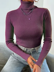 2024 Autumn Winter Women Long Sleeve Knitted Foldover Turtleneck Ribbed Pull Sweater Soft Warm Femme Jumper Pullover Clothes