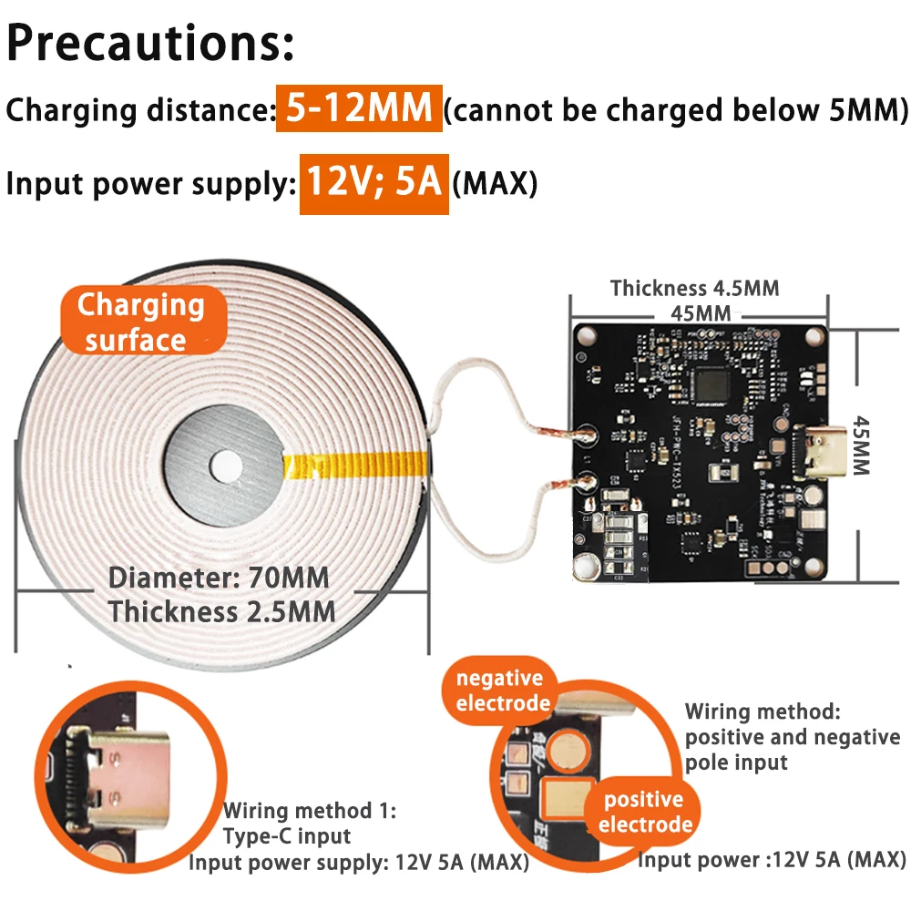 15W 12V Wireless Fast Charging Mobile Phone Charger Module Transmitter PCBA Circuit Board with Large Coil 5-15MM Long Distance