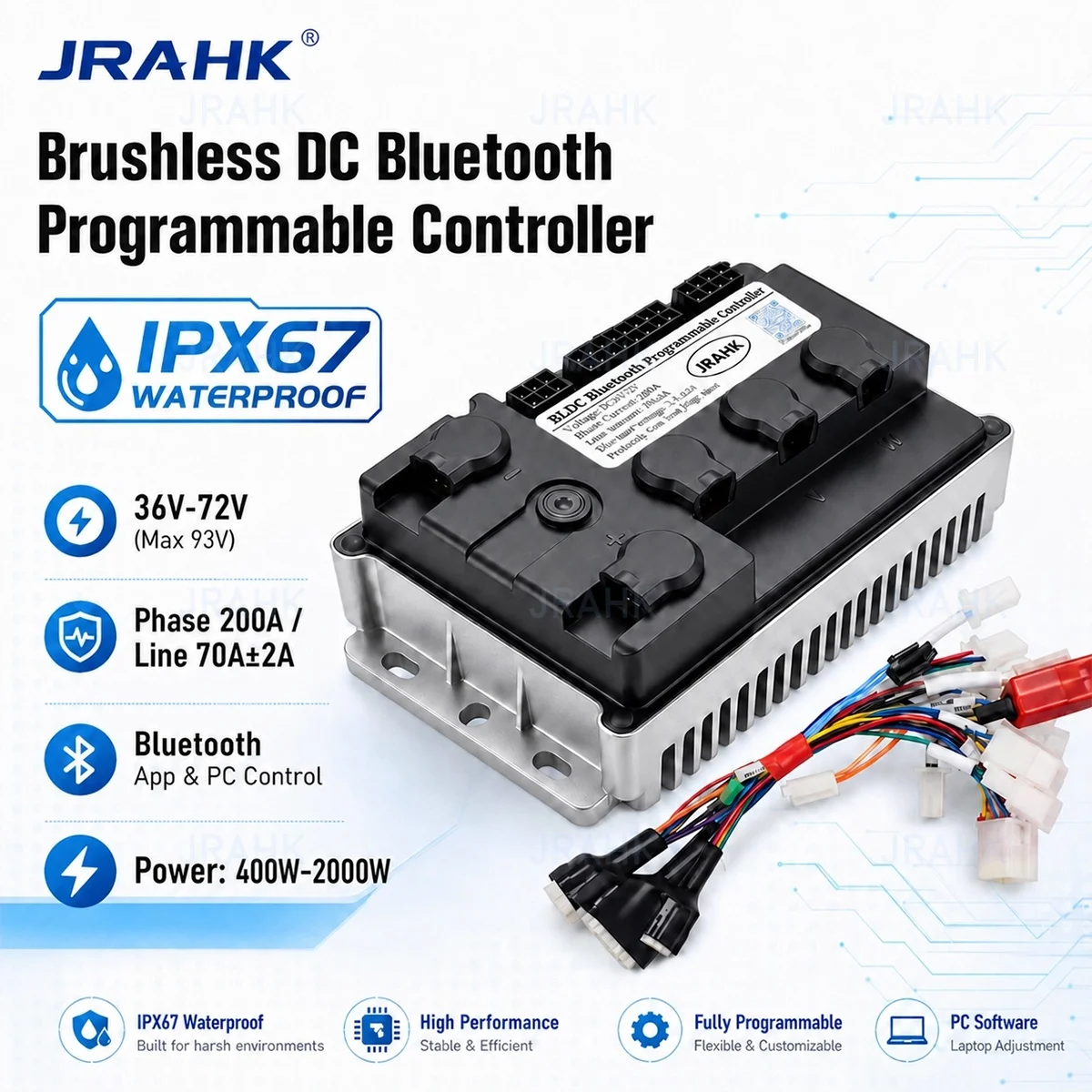 Contrôleur de moteur programmable Bluetooth BLDC JRAHK 36V-72V 70A à onde sinusoïdale pour moteur central ou moyeu PMSM de vélo électrique et trottinette