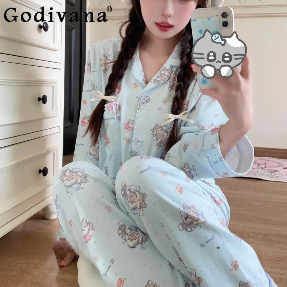 

Autumn Winter Sleepwear Female Cute Sweet Cartoon Nightgowns Romantic Elegant Casual Pajamas Set