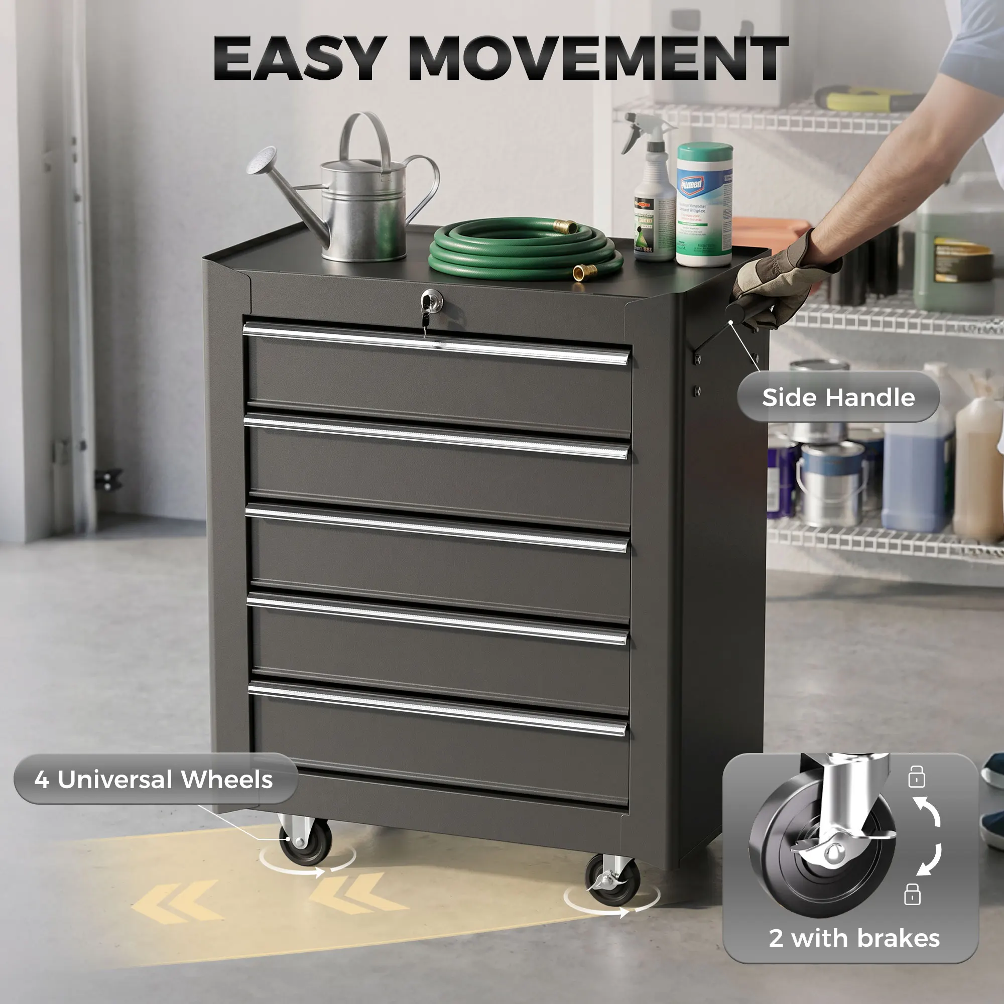 HOMCOM 5-Drawer Tool Chest Steel Lockable Tool Storage Cabinet w/ Wheels Black