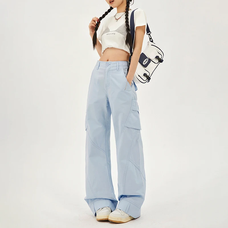 

WCFCX STUDIO Women Y2K Cargo Pants Casual High Waisted Breathable Baggy Sweatpant Wide Leg Drawstring Oversize Pockets Trousers