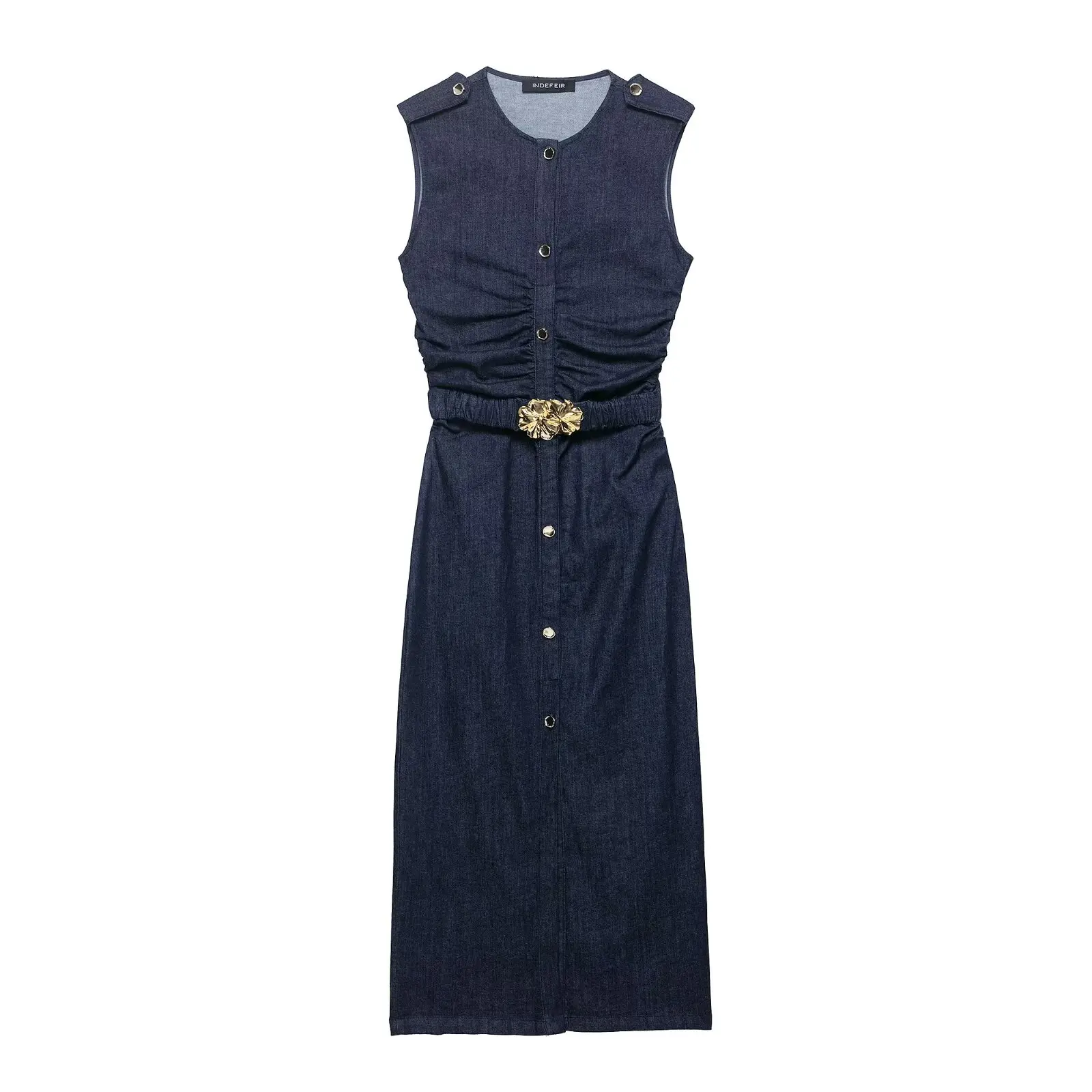 

Taop&Za women's clothing 2025 summer new European and American round neck sleeveless with belt pleated denim midi dress 3394576