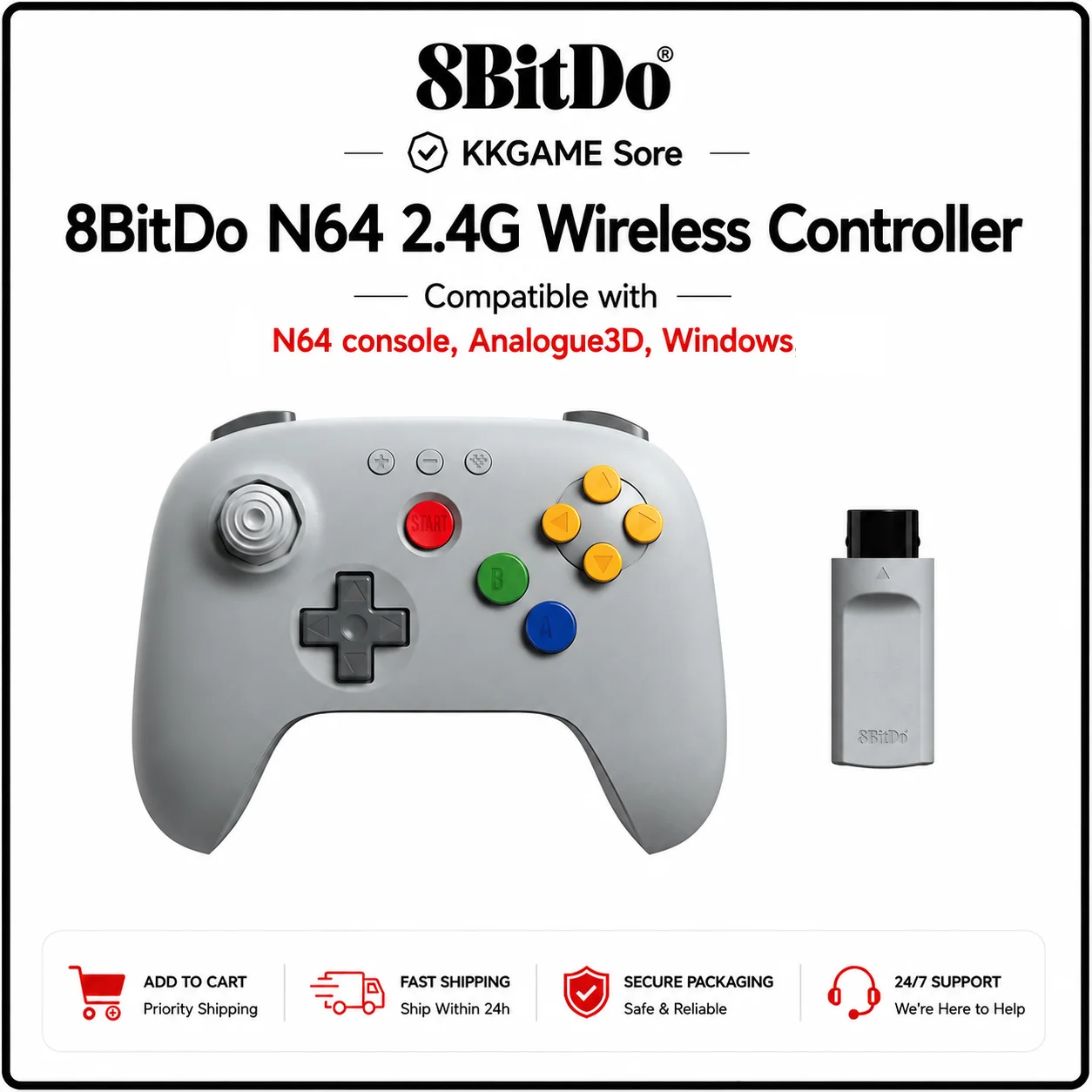 8BitDo N64 2.4G Wireless Gaming Controller with Aadapter for Original N64 Console, Analogue 3D, and Windows 10/11 Gamepad