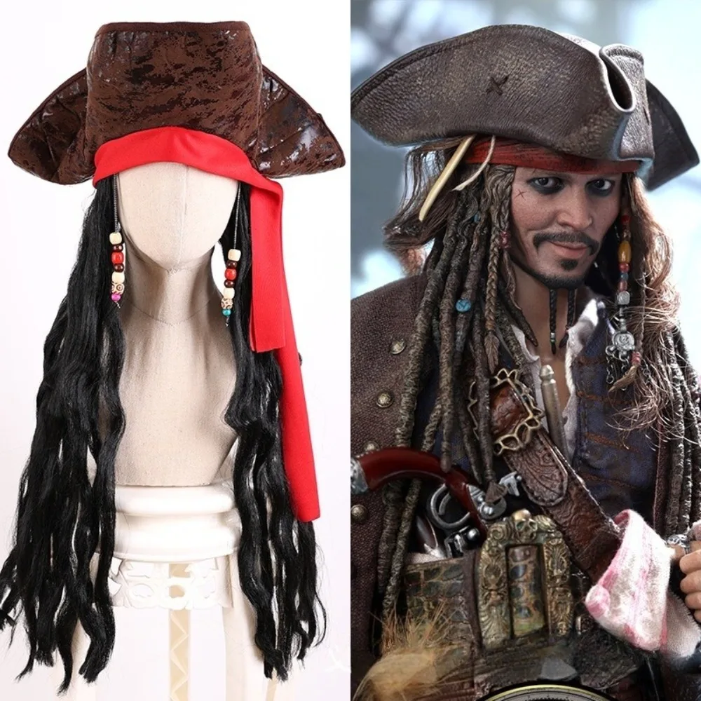 Adult Men's Caribbean Pirate Hat Wig Halloween Stage Performance Pirate Captain Costume Wig Party Accessories Jack Sparrow Wig