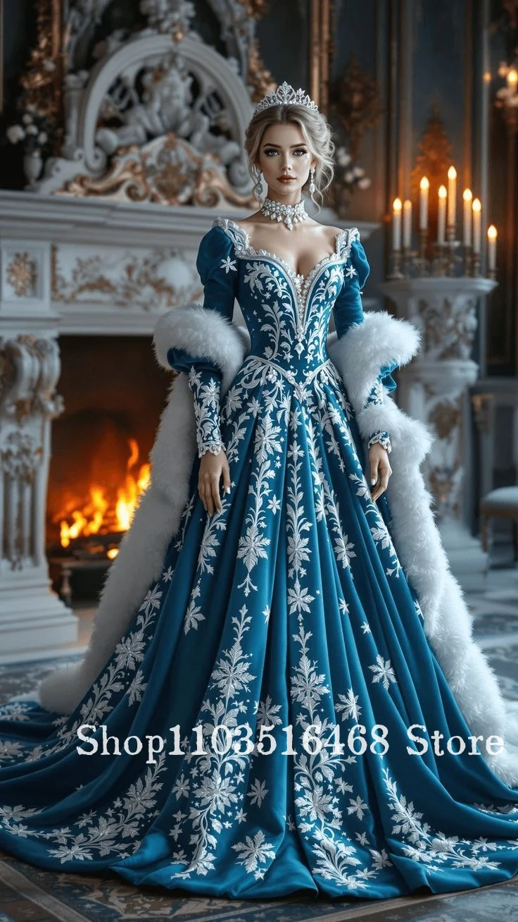 Custom Blue Snowflake Embroidered Christmas Evening Dresses Lace Corset 2025 Glamorous Christmas Ball Gown Formal Occasion Dress