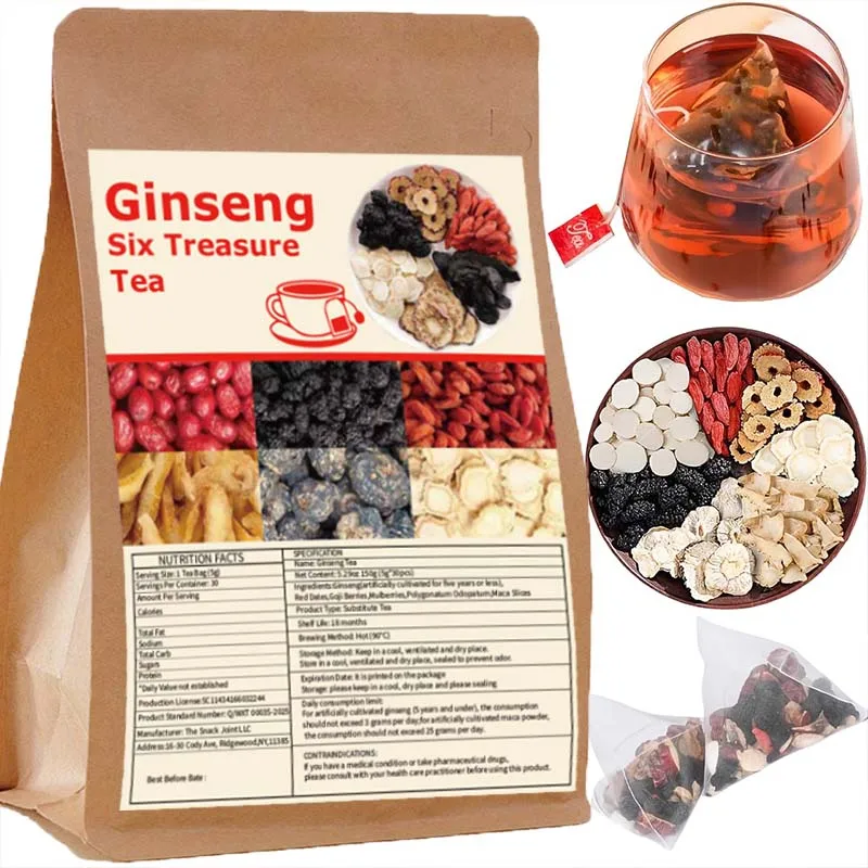 30 buste di tè al ginseng Six Treasures: medicina tradizionale cinese a base di erbe, ingredienti naturali, nutriente per la salute dei reni