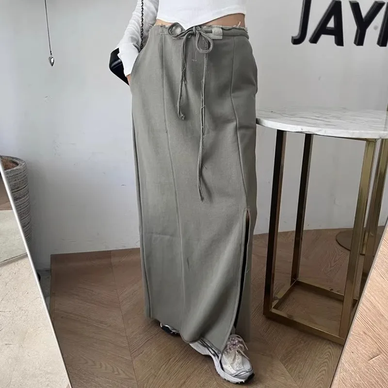 

Vintage High Waist Distressed Lace-up Casual A-line Skirt Women 2025 Autumn New Korean Solid Color Casual Split Mid-length Skirt