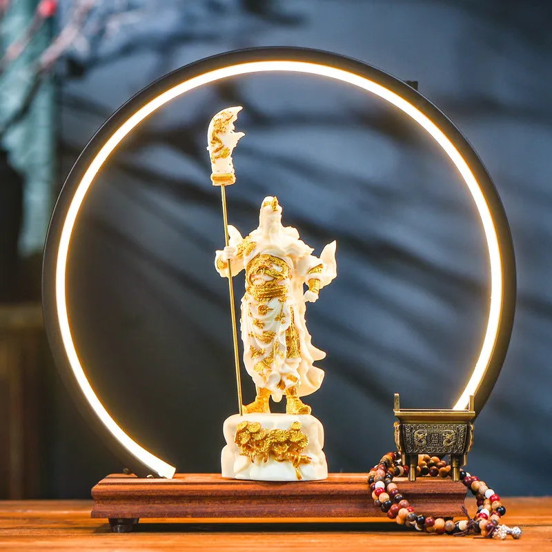 Chinese Guan Yu Statue LED Light Circle Backflow Incense Burner Wooden Base Kwan Kung Desktop Home Office Decor Ornament