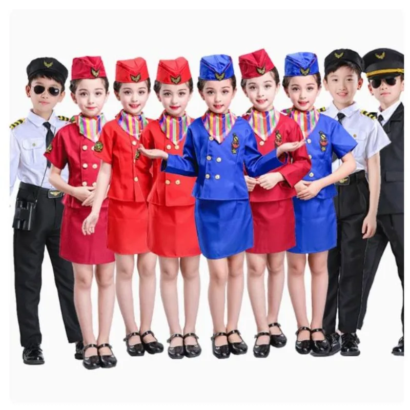 

Pilot Uniform Flight Attendent Anime Cosplay Kids Stewardess Air Force Halloween Costume Baby Girl Boy Captain Aircraft Fancy