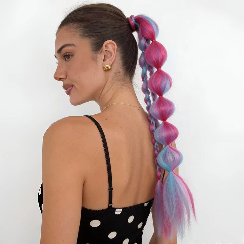 24 Inch Handmade Ombre Bubble Twist Jumbo Braiding Hair Ponytail Extension - Colorful Synthetic Festival Rave Wig