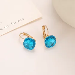 White Blue Square Crystal Drop Earrings for Women Party Shiny Geometry Round Circle Dangle Earrings Golden Color Trendy Jewelry