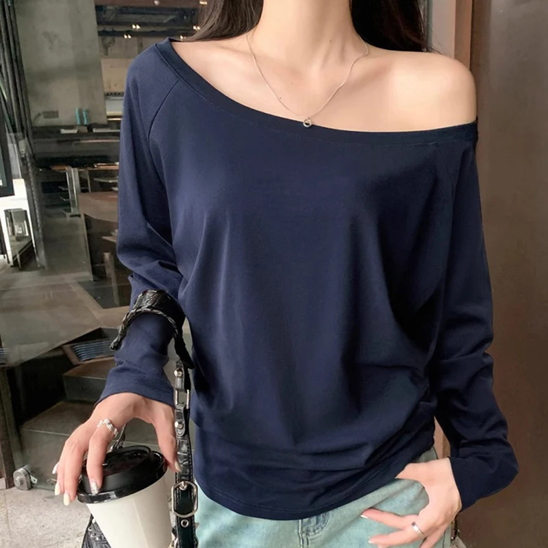 

Women's Autumn Asymmetric Off Shoulder T-Shirt Sexy Long Sleeve Loose Tops Female Casual Blouse Korean Style Hoodies Pullovers