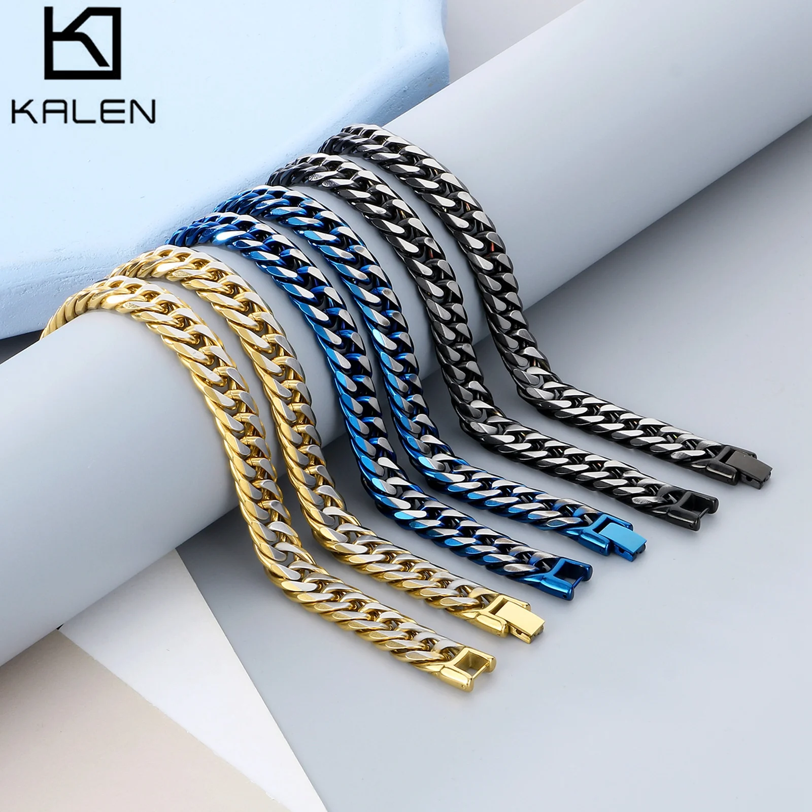 12mm Glistening Beauty of Cuban Chain Bracelet & Necklace Blue/Black/Gold Color - Stainless Steel 304 - KB181680-KFC