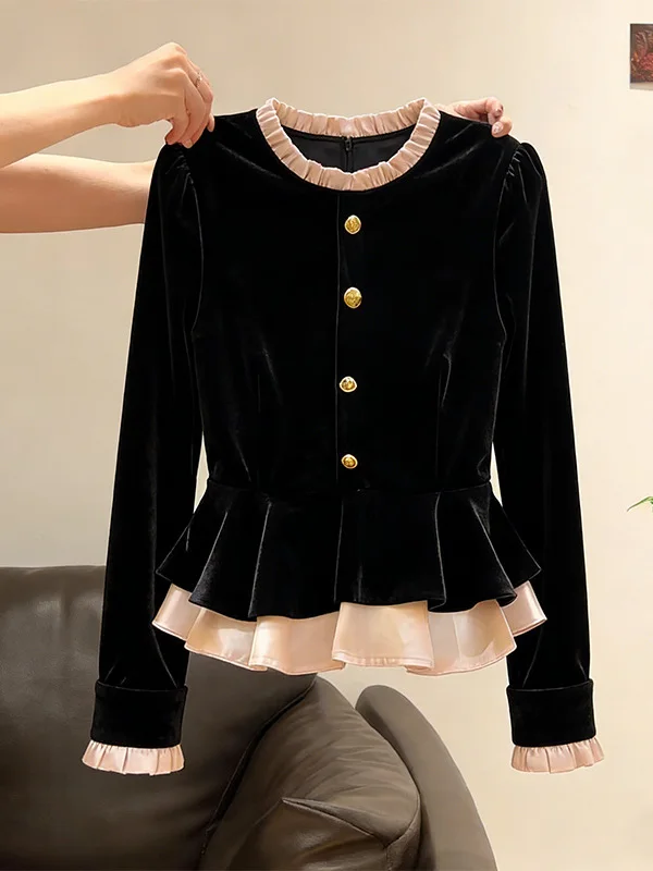 

plus Size Velvet Shirt Women's Spring New Style Slim Fit Blouse Korean Style Commute round Neck Short Sleeve Color Block Hem