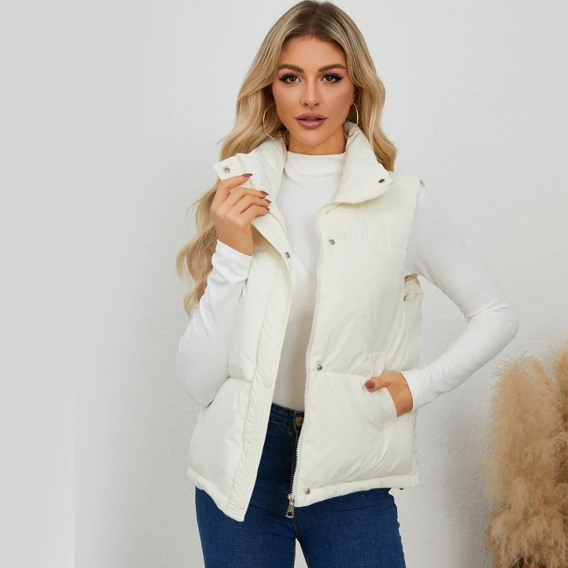 Casual Stand Collar Sleeveless Jackets Warm Padded Vest Zip Up Snap Button Quilted Gilet Coat with Pockets for Women