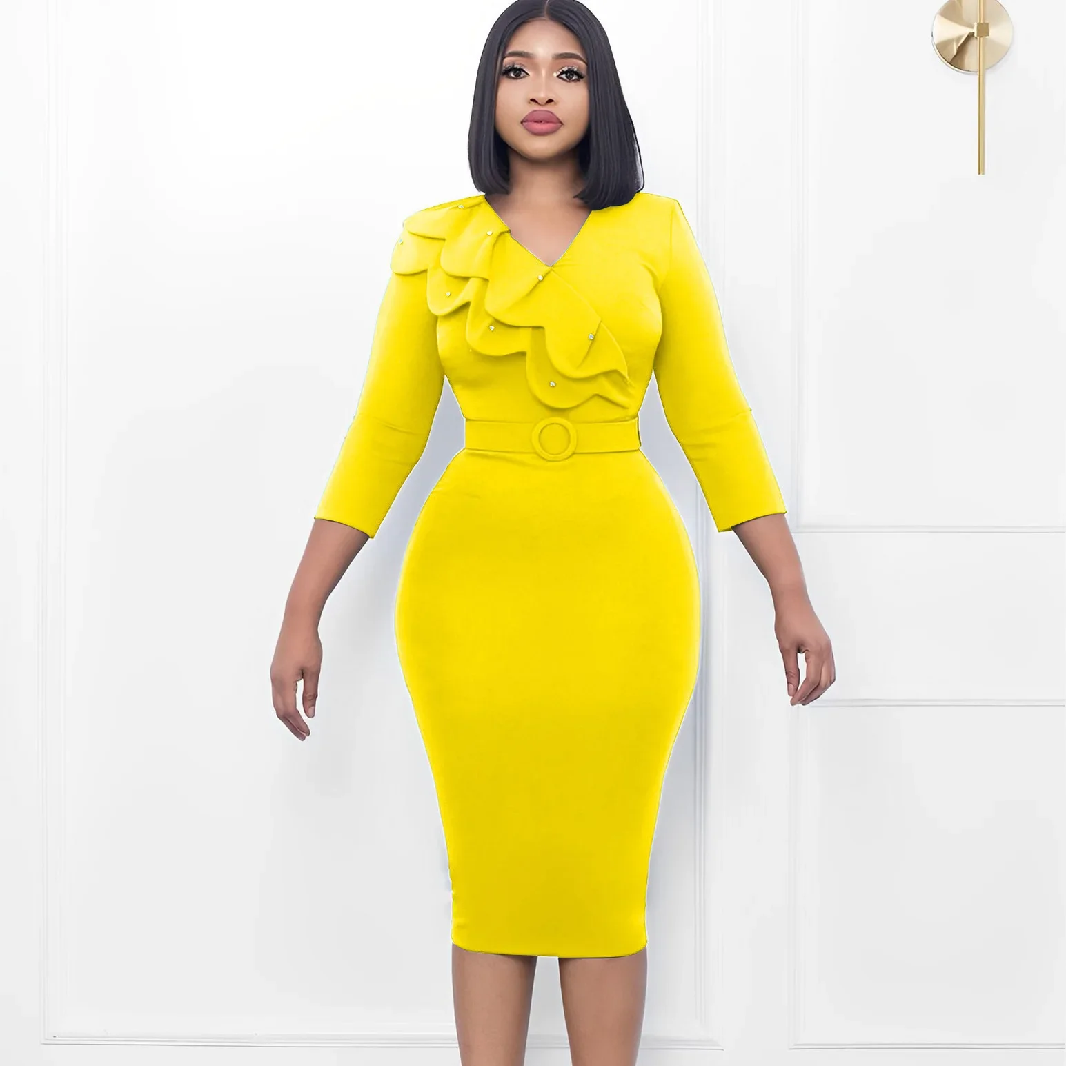 2024 Polyester African Dresses for Women Elegant Autumn African 3/4 Sleeve V-neck Red Green Yellow Black Bodycon Dress With Belt