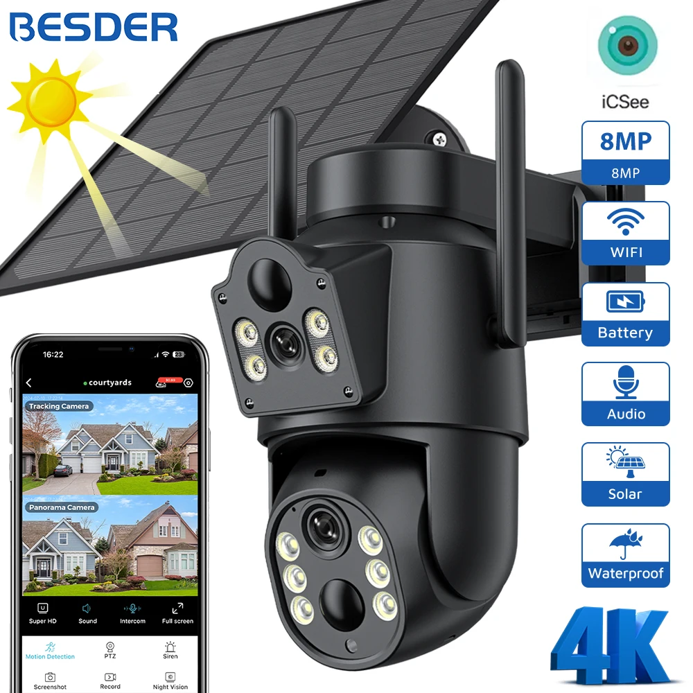 BESDER 8MP WLAN-Solarkamera für Außenbereich mit Doppelbildschirm, Eingebauter Batterie, Solarpanel, Kabellose CCTV-Videoüberwachungskamera ICSee